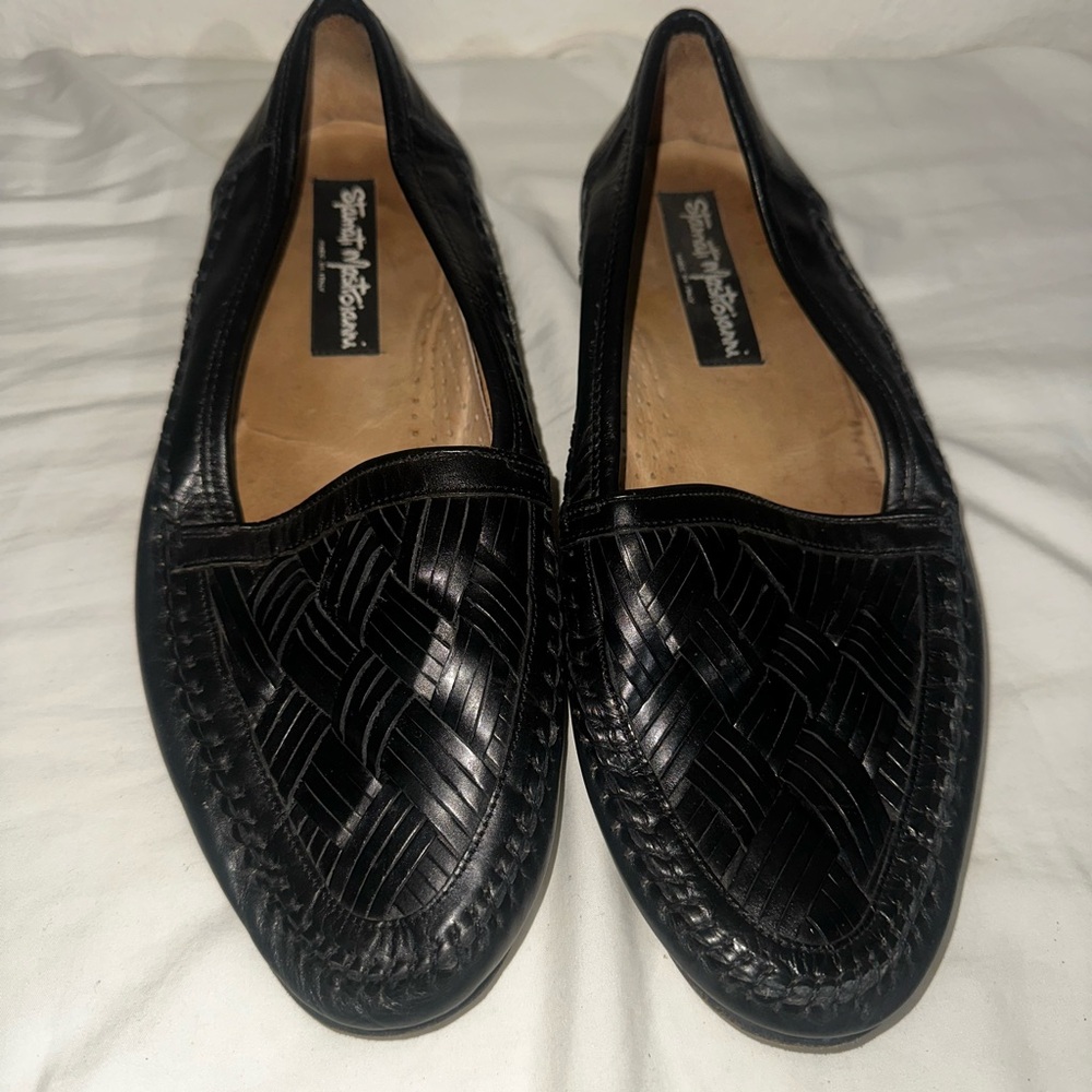 Men's Black Woven Leather Slip-On Loafers by Stamati Mastroianni